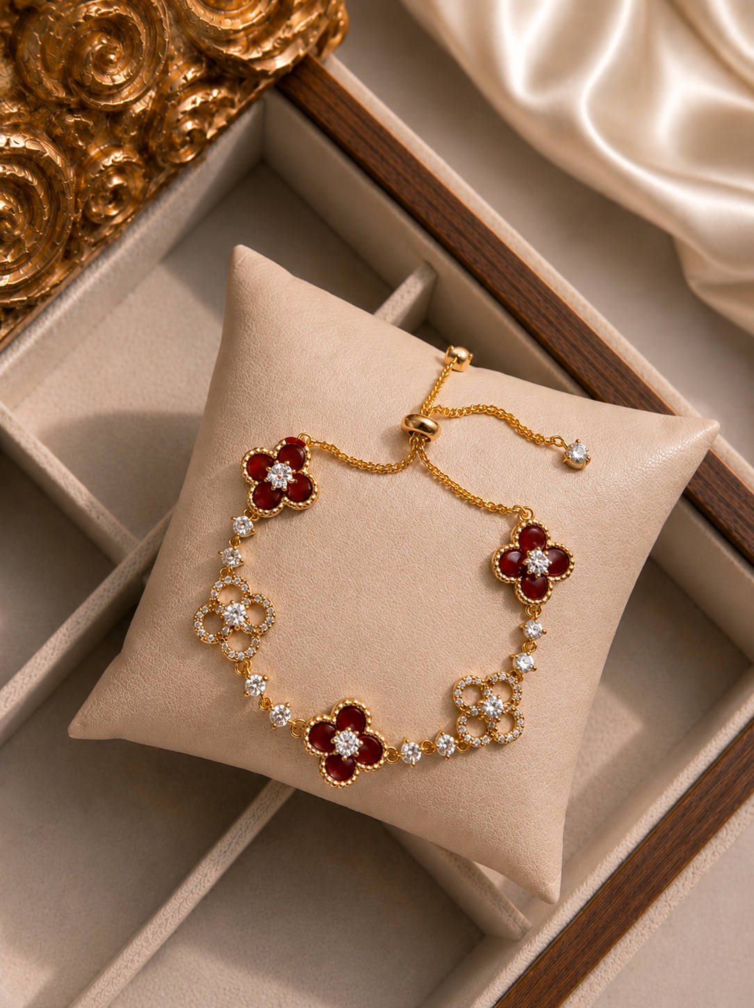 1pc Elegant Rhinestone Inlaid Four-Leaf Clover Adjustable Bracelet
