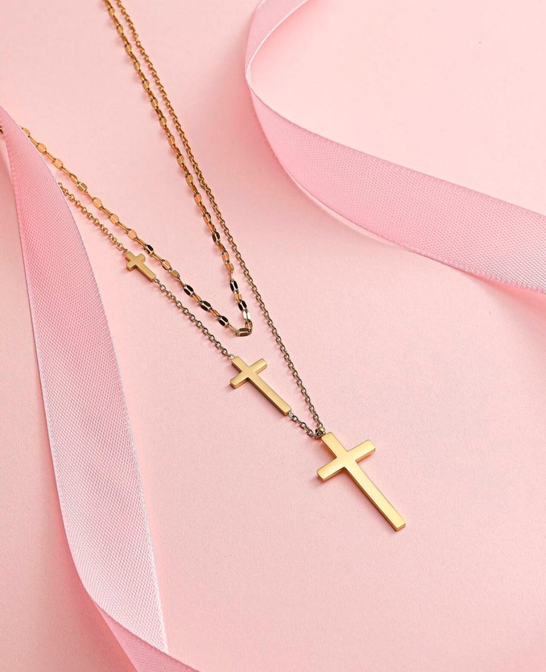 Layered Cross Necklace - Gold Titanium Steel Gift Jewelry