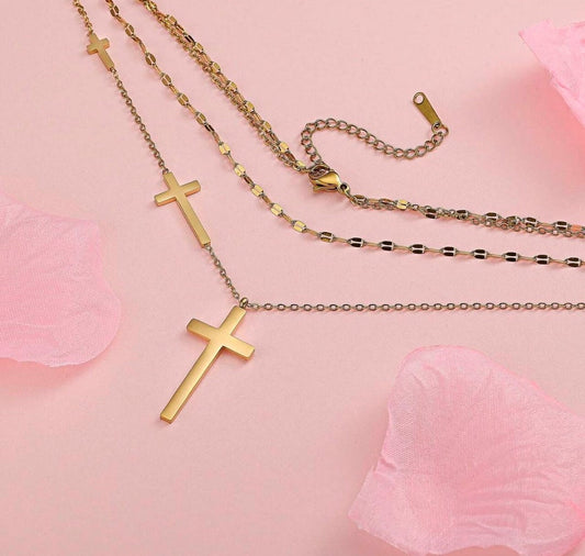 Layered Cross Necklace - Gold Titanium Steel Gift Jewelry