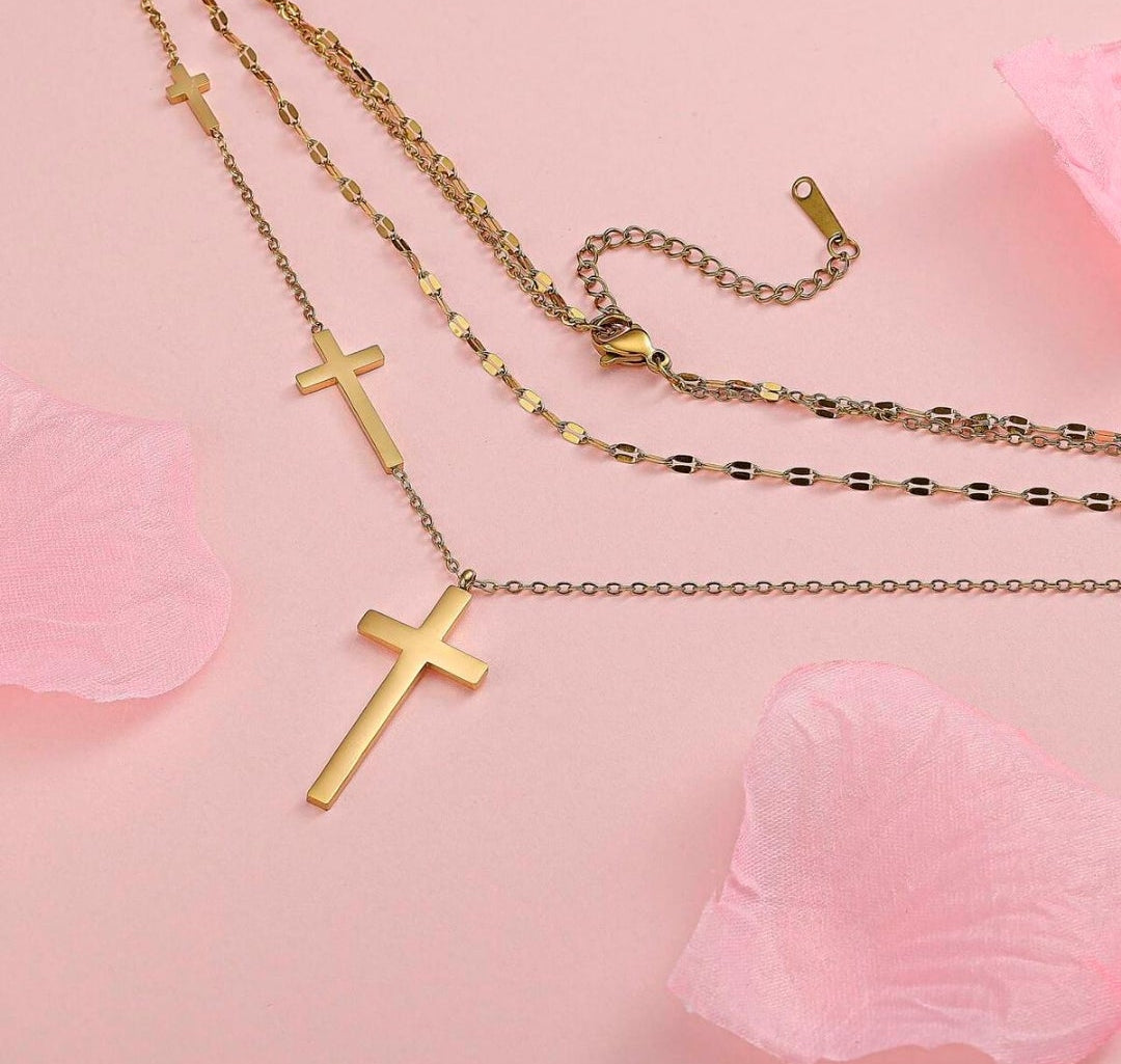 Layered Cross Necklace - Gold Titanium Steel Gift Jewelry